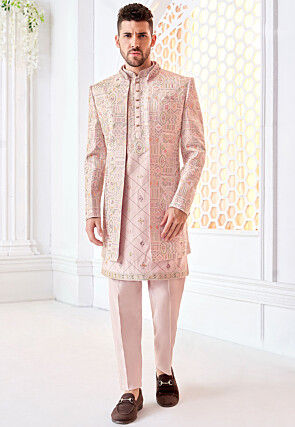 Embroidered Art Silk Sherwani in Light Pink