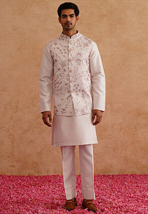 Embroidered Art Silk Kurta Set in Light Pink