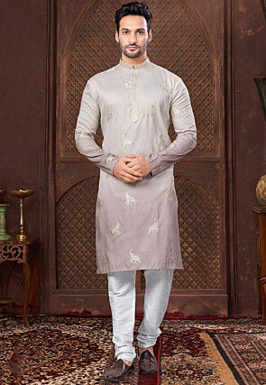 Embroidered Art Silk Kurta Set in Light Purple Ombre