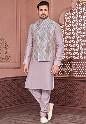 Embroidered Art Silk Kurta Set in Light Purple