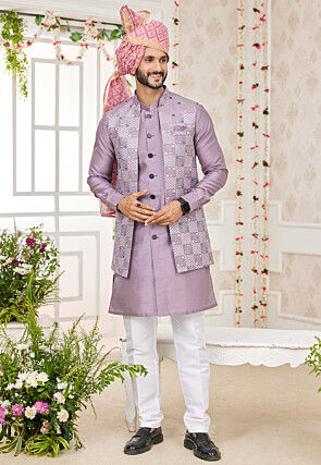 Embroidered Art Silk Kurta Set in Light Purple