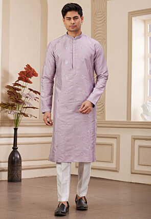 Embroidered Art Silk Kurta Set in Light Purple