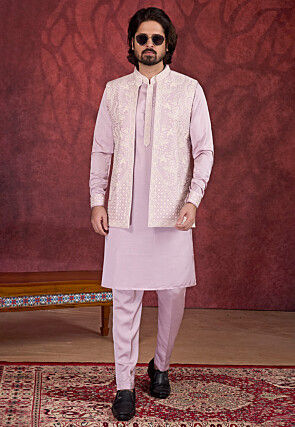 Embroidered Art Silk Kurta Set in Light Purple