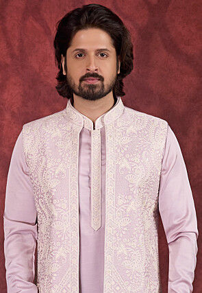 Embroidered Art Silk Kurta Set in Light Purple