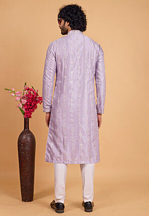 Embroidered Art Silk Kurta Set in Light Purple