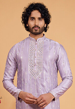 Embroidered Art Silk Kurta Set in Light Purple
