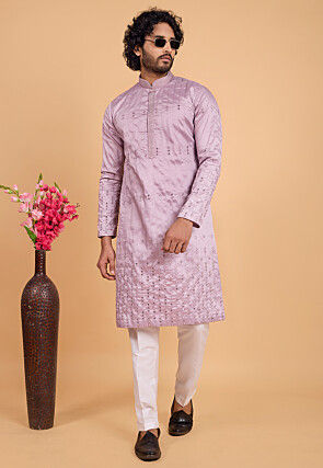 Embroidered Art Silk Kurta Set in Light Purple