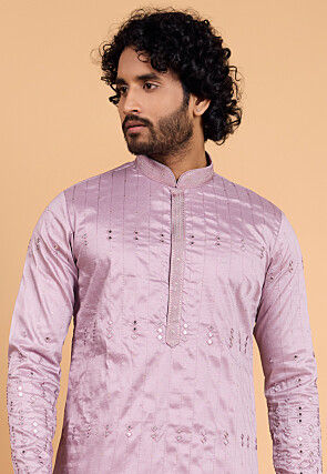 Embroidered Art Silk Kurta Set in Light Purple