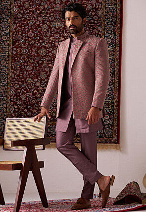 Embroidered Art Silk Kurta Set in Light Purple