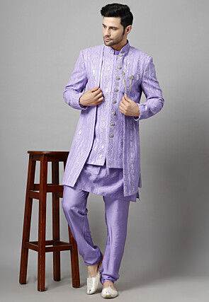 Embroidered Georgette Sherwani in Light Purple