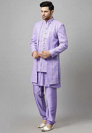 Embroidered Georgette Sherwani in Light Purple