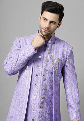 Embroidered Georgette Sherwani in Light Purple