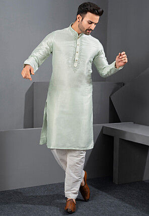 Embroidered Art Silk Kurta Set in Light Sea Green