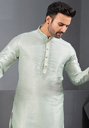 Embroidered Art Silk Kurta Set in Light Sea Green