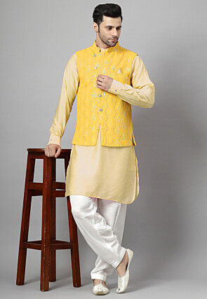 Embroidered Art Silk Kurta Set in Light Yellow