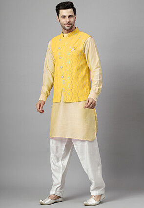 Embroidered Art Silk Kurta Set in Light Yellow