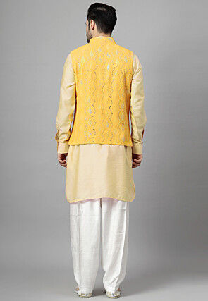 Embroidered Art Silk Kurta Set in Light Yellow