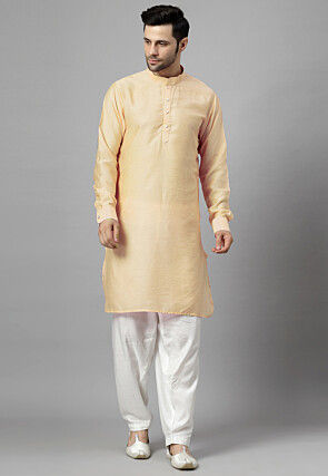 Embroidered Art Silk Kurta Set in Light Yellow