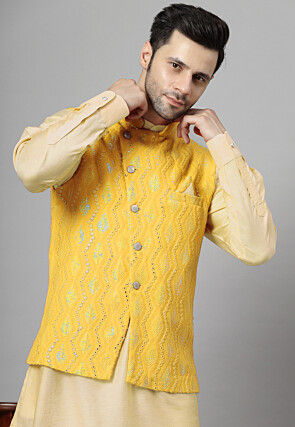 Embroidered Art Silk Kurta Set in Light Yellow