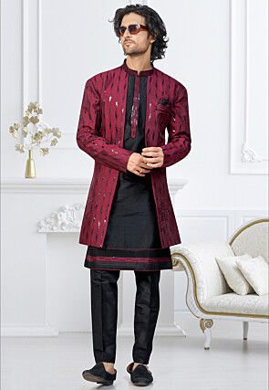 Embroidered Art Silk Kurta Set in Maroon and Black