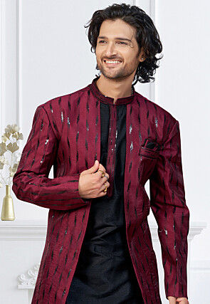 Embroidered Art Silk Kurta Set in Maroon and Black
