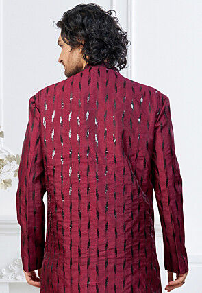 Embroidered Art Silk Kurta Set in Maroon and Black
