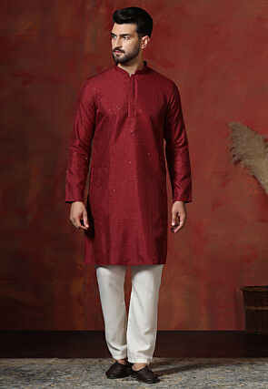 Embroidered Art Silk Kurta Set in Maroon