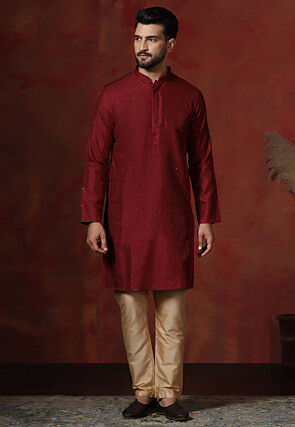 Embroidered Art Silk Kurta Set in Maroon