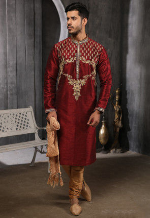 Embroidered Art Silk Kurta Set in Maroon