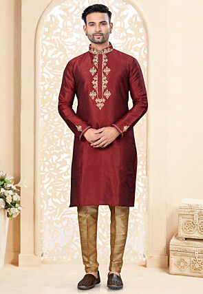 Embroidered Art Silk Kurta Set in Maroon