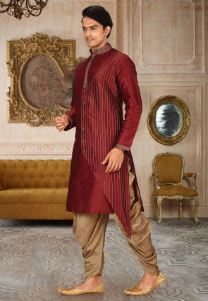 Embroidered Art Silk Kurta Set in Maroon
