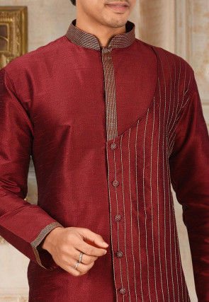Embroidered Art Silk Kurta Set in Maroon