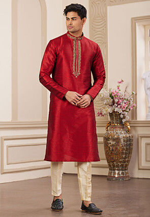 Embroidered Art Silk Kurta Set in Maroon