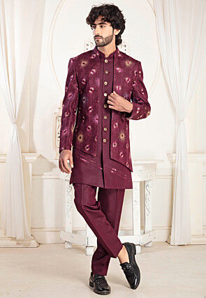 Embroidered Art Silk Kurta Set in Maroon