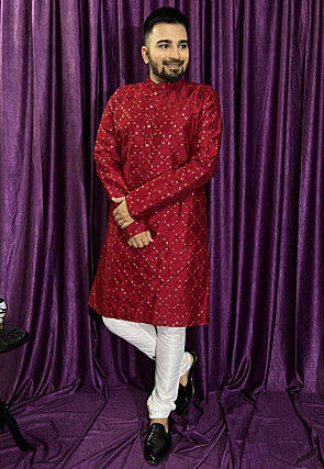 Embroidered Art Silk Kurta Set in Maroon