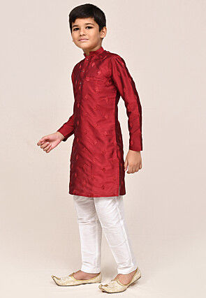 Embroidered Art Silk Kurta Set in Maroon