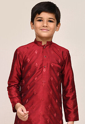 Embroidered Art Silk Kurta Set in Maroon