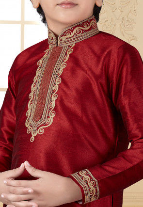 Embroidered Art Silk Kurta Set in Maroon