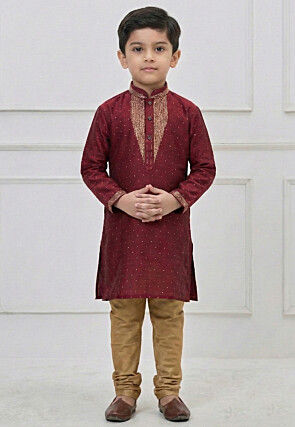Embroidered Art Silk Kurta Set in Maroon