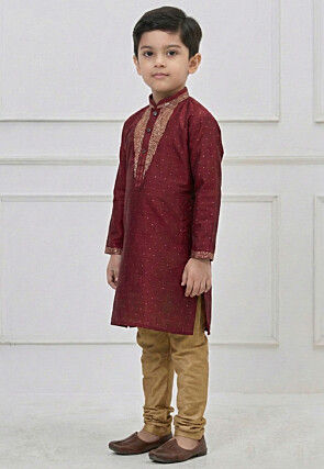 Embroidered Art Silk Kurta Set in Maroon