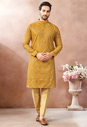 Embroidered Art Silk Kurta Set in Mustard