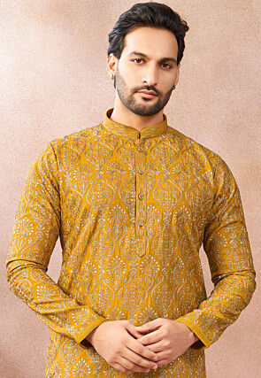 Embroidered Art Silk Kurta Set in Mustard