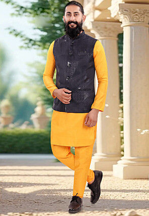Embroidered Art Silk Kurta Set in Mustard and Navy Blue