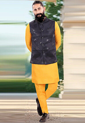 Embroidered Art Silk Kurta Set in Mustard and Navy Blue