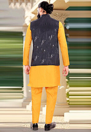 Embroidered Art Silk Kurta Set in Mustard and Navy Blue