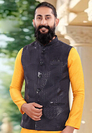 Embroidered Art Silk Kurta Set in Mustard and Navy Blue