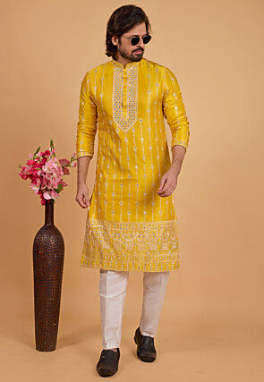 Embroidered Art Silk Kurta Set in Mustard