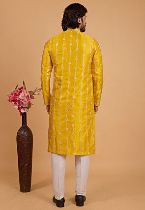 Embroidered Art Silk Kurta Set in Mustard