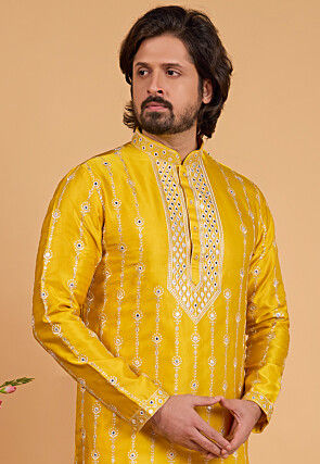 Embroidered Art Silk Kurta Set in Mustard