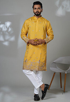 Embroidered Art Silk Kurta Set in Mustard